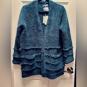 NWT Barefoot Dreams Medium Deep Blue Cardigan with fringe details 2 pockets